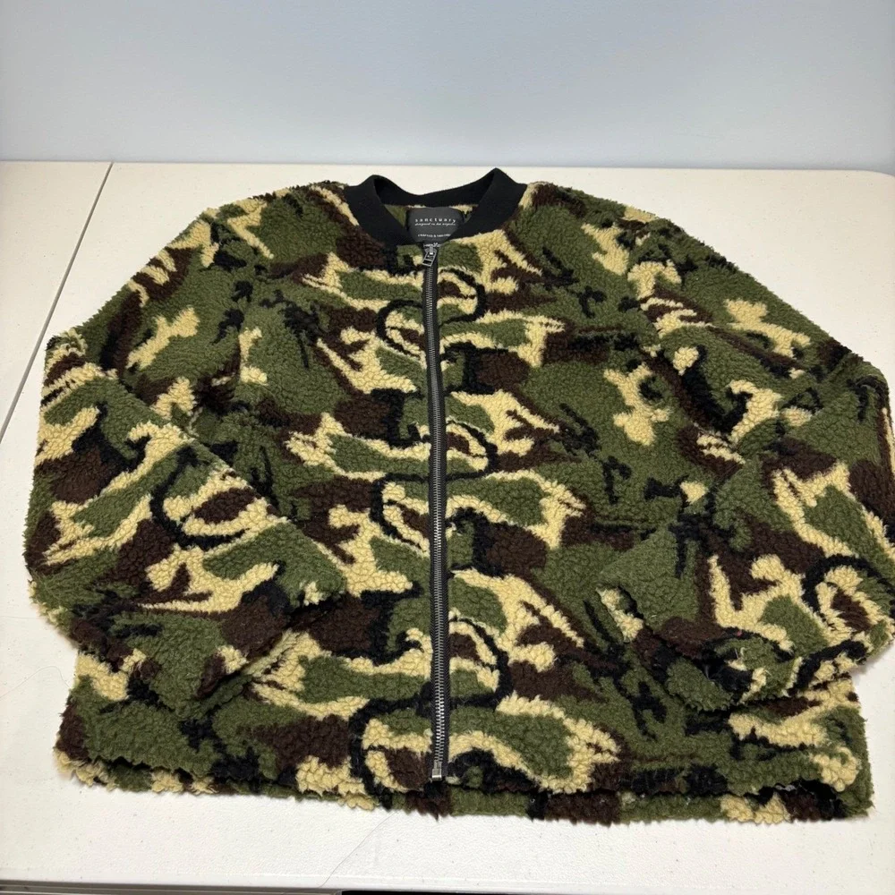 Sanctuary Green Camoflauge Zip Up Fleece Jacket Lined Medium‎